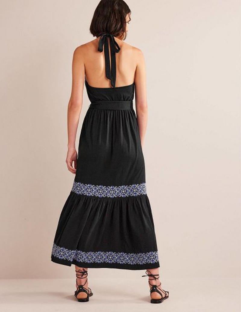 Black Women's Boden Embroidered Jersey Maxi Dress | 43670VBEY