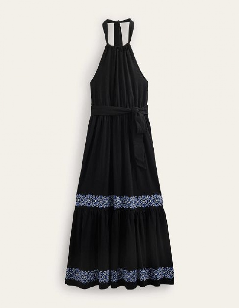 Black Women's Boden Embroidered Jersey Maxi Dress | 43670VBEY