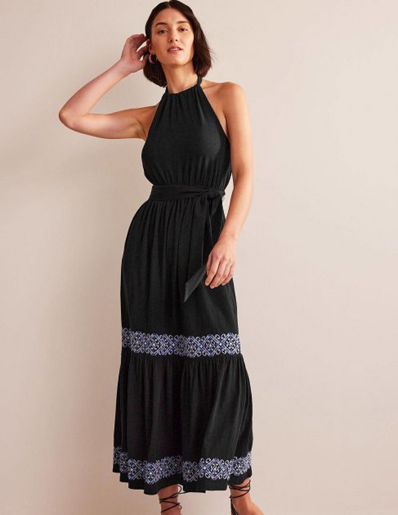 Black Women\'s Boden Embroidered Jersey Maxi Dress | 43670VBEY