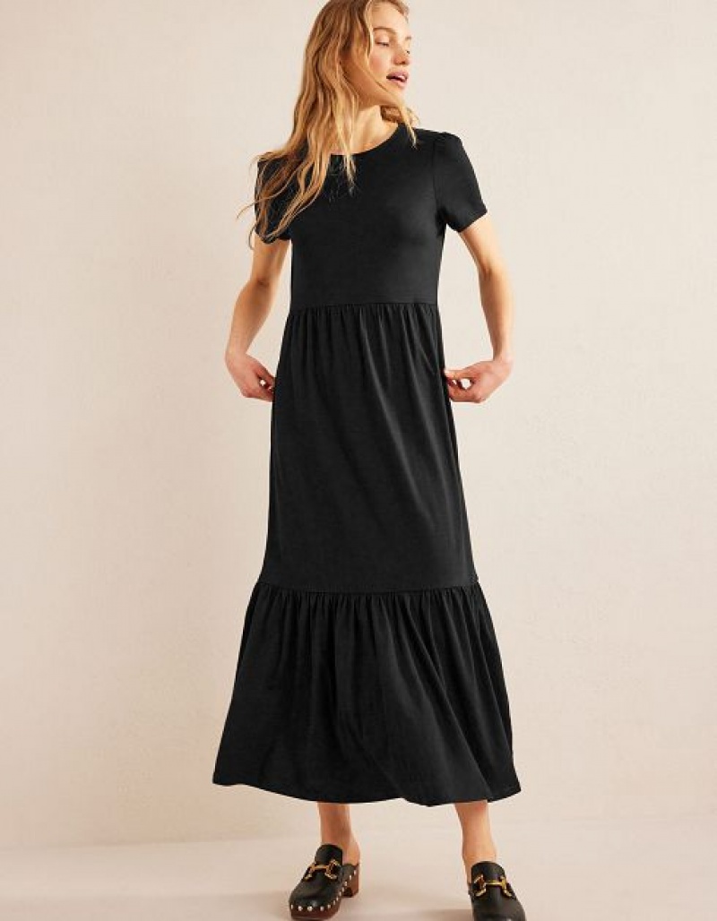 Black Women's Boden Emma Tiered Jersey Midi Dress | 73186KOEM