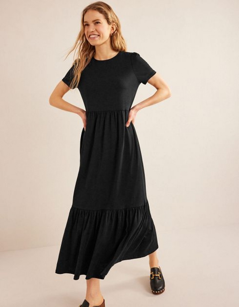 Black Women\'s Boden Emma Tiered Jersey Midi Dress | 73186KOEM