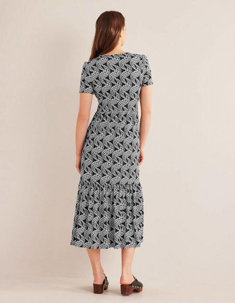 Black Women's Boden Emma Tiered Jersey Midi Dress | 64829WPQO