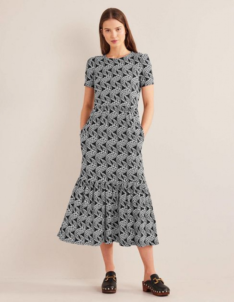 Black Women\'s Boden Emma Tiered Jersey Midi Dress | 64829WPQO