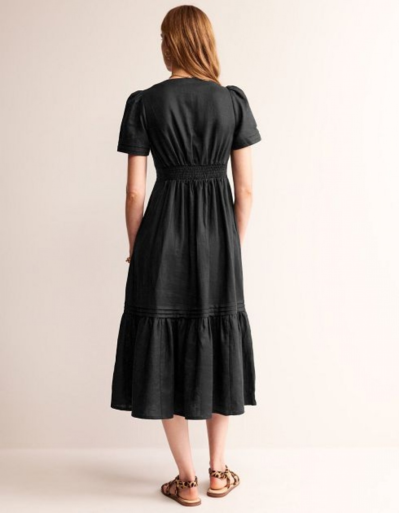 Black Women's Boden Eve Linen Midi Dress | 19428QCGT