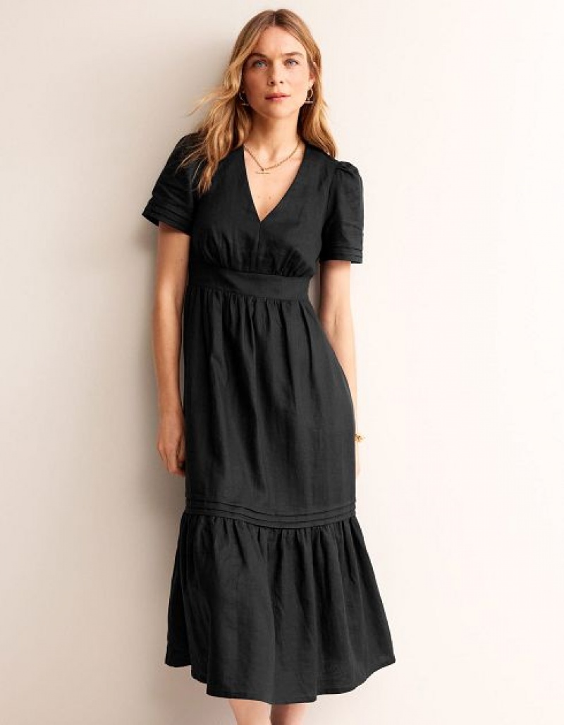 Black Women's Boden Eve Linen Midi Dress | 19428QCGT