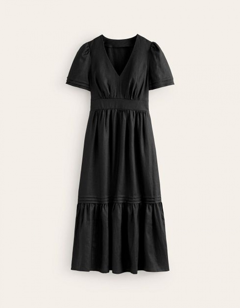 Black Women's Boden Eve Linen Midi Dress | 19428QCGT