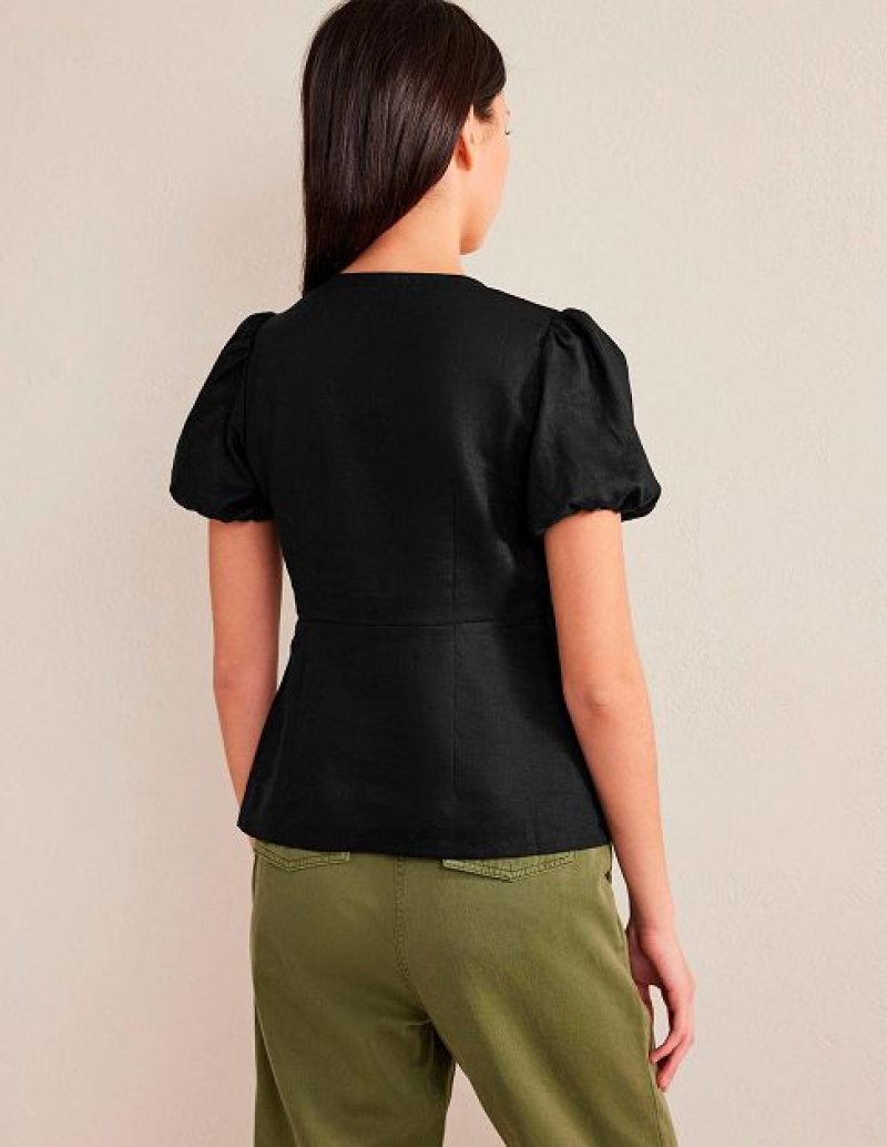 Black Women's Boden Fitted Linen V-neck Tops | 18054NSOB