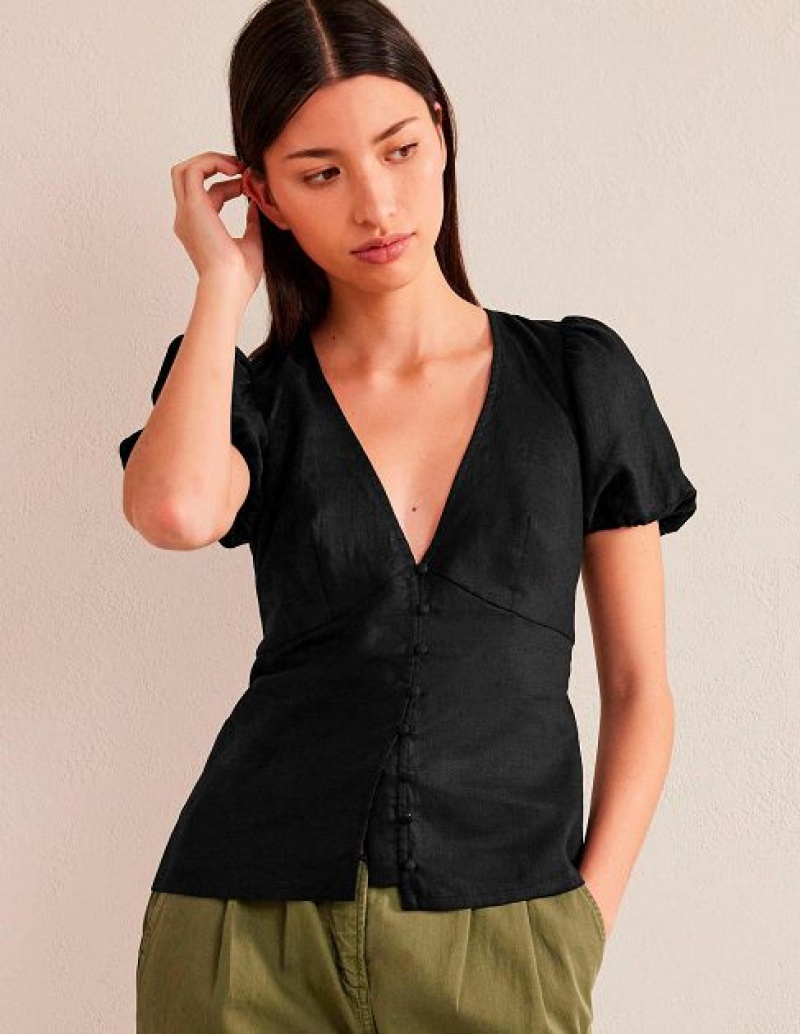 Black Women's Boden Fitted Linen V-neck Tops | 18054NSOB