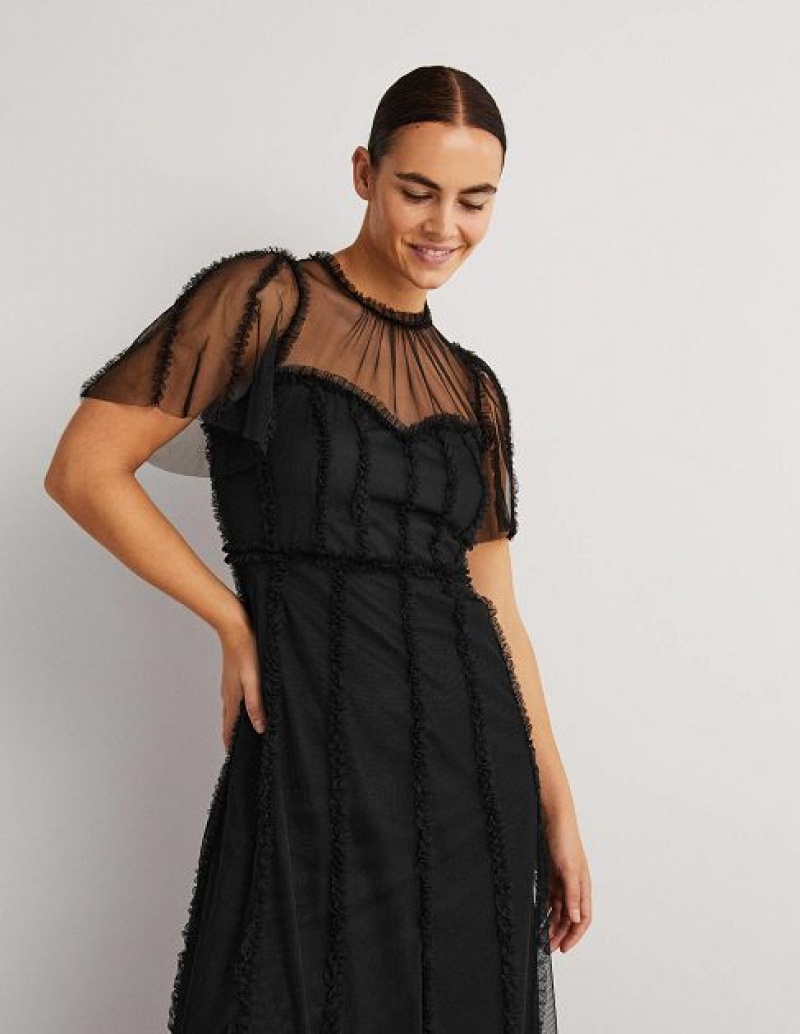 Black Women's Boden Frill Tulle Maxi Dress | 85719CZNI