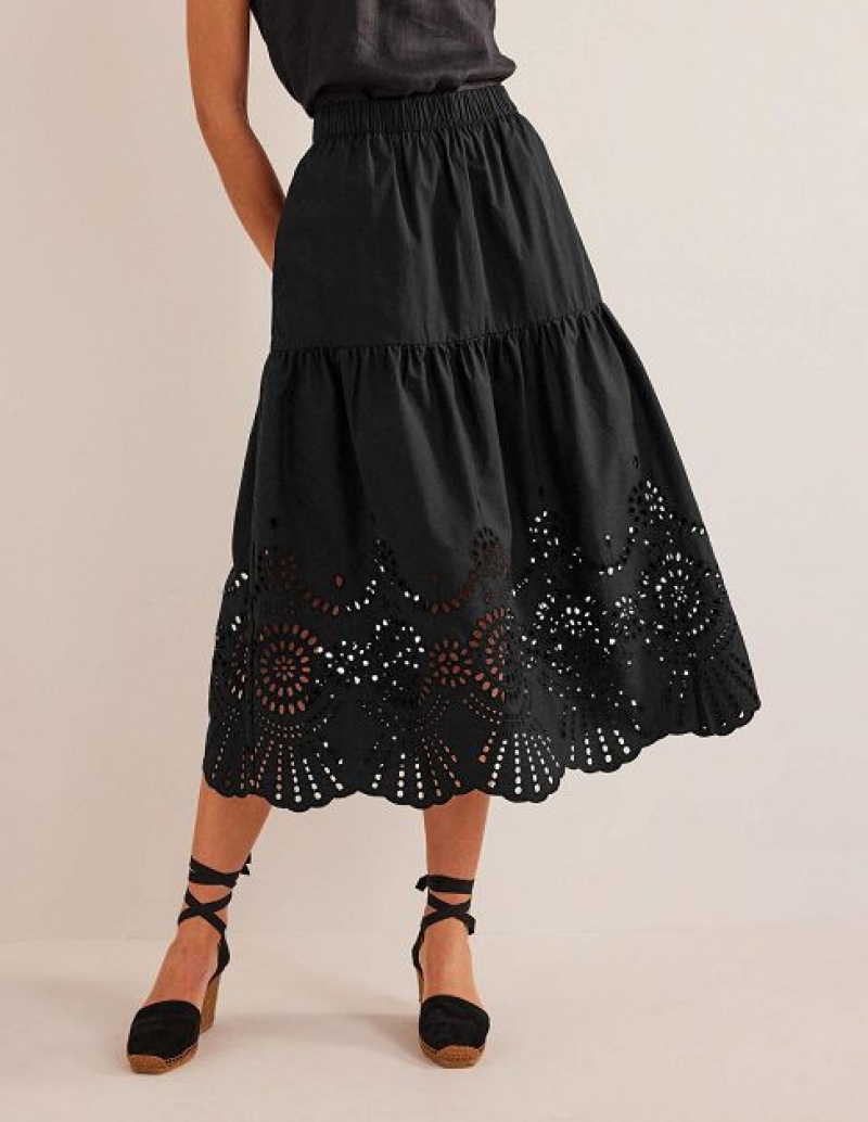 Black Women's Boden Full Broderie Skirts | 02468PJRZ