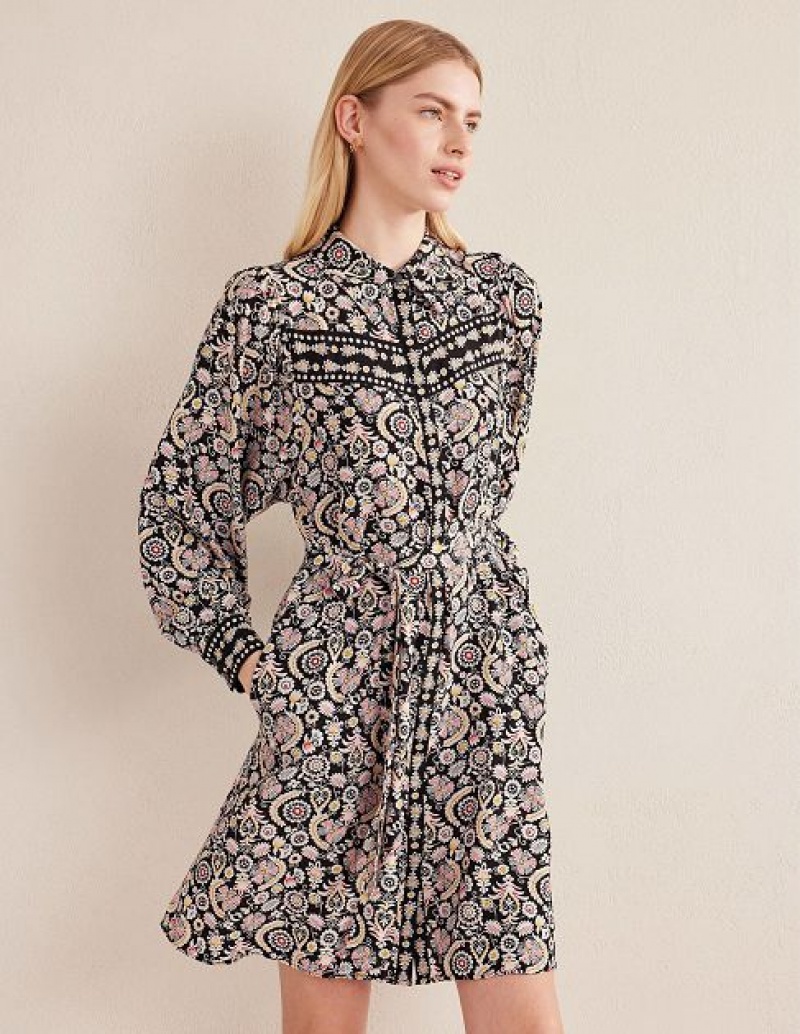 Black Women's Boden Full Length Sleeves Shirt Dress | 97516XIGE