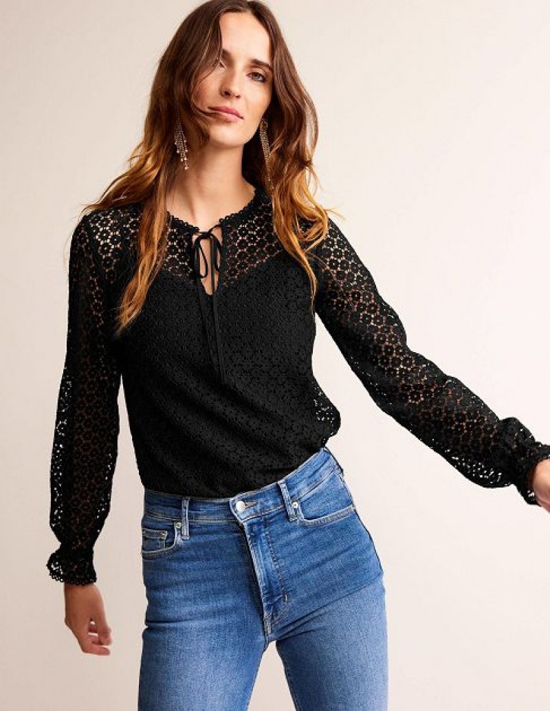 Black Women\'s Boden Geo Lace Romantic Tops | 97163RDMQ