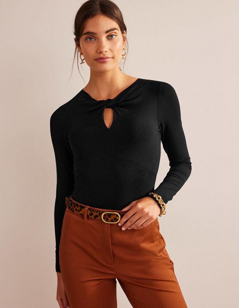 Black Women\'s Boden Knot Front Jersey Tops | 65470QEBT