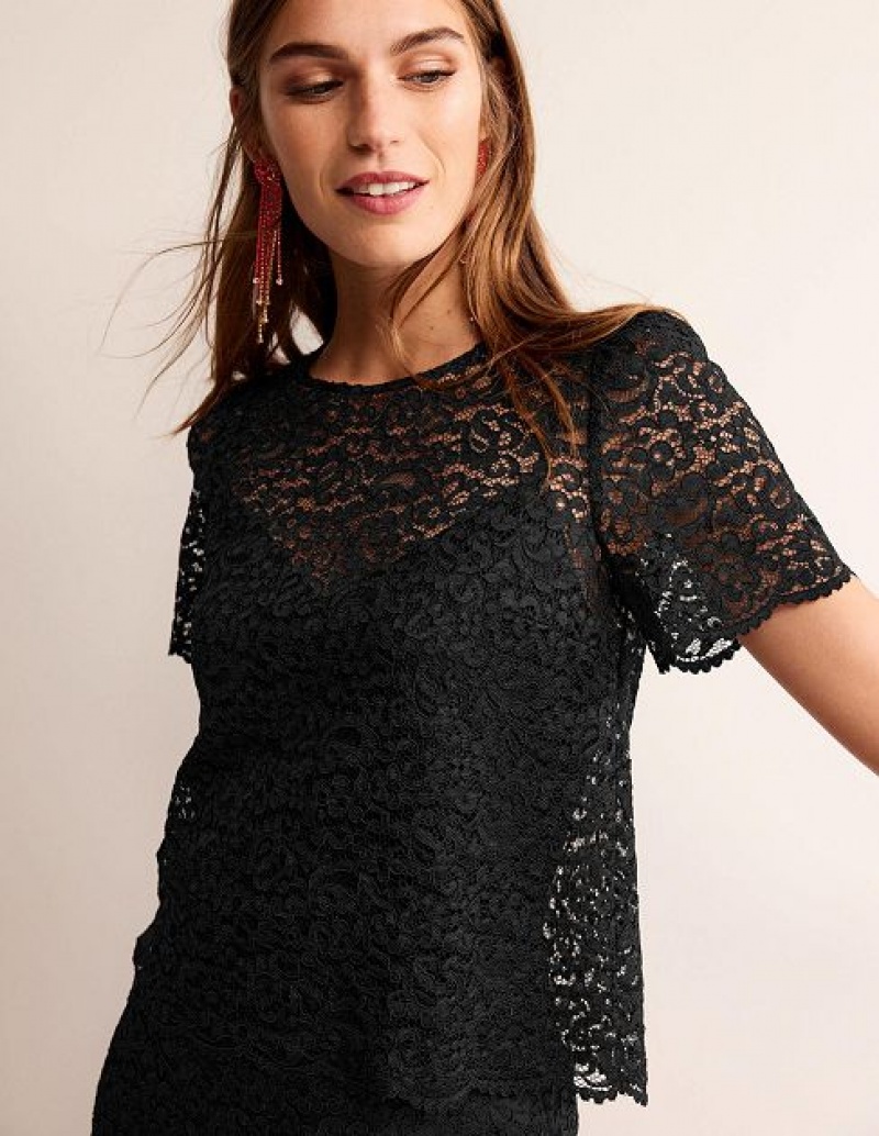 Black Women\'s Boden Lace Co-ord T-Shirt | 59302DCAZ