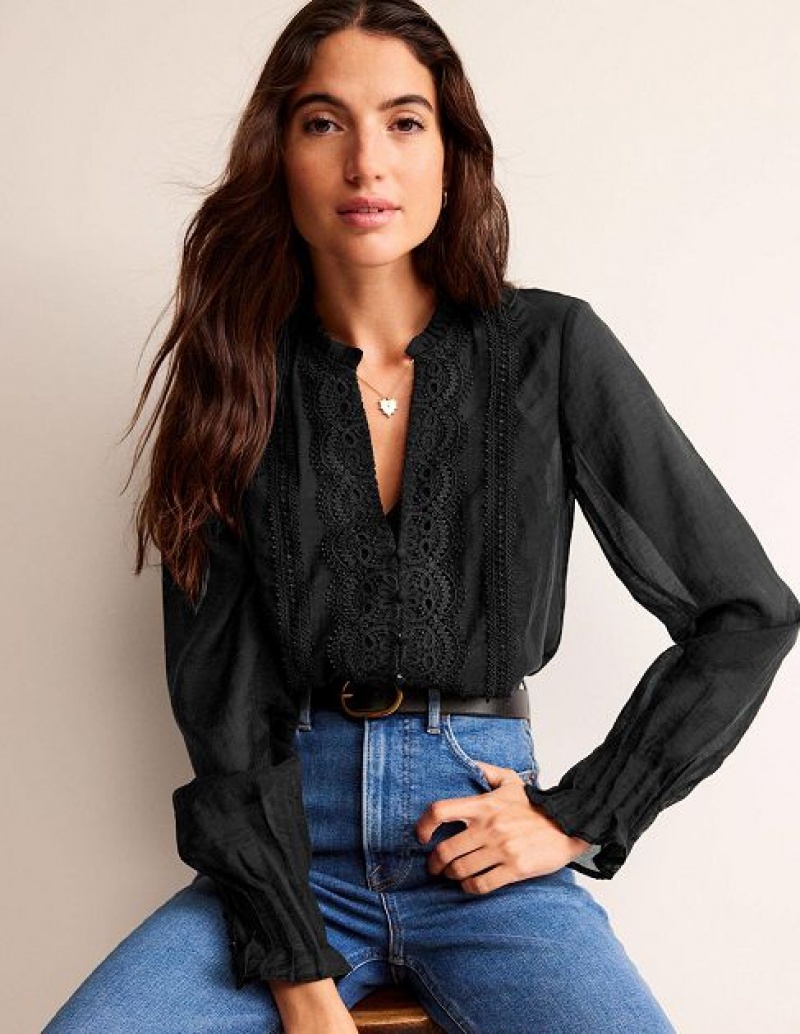 Black Women's Boden Lace Trim Frill Tops | 62958YVHW