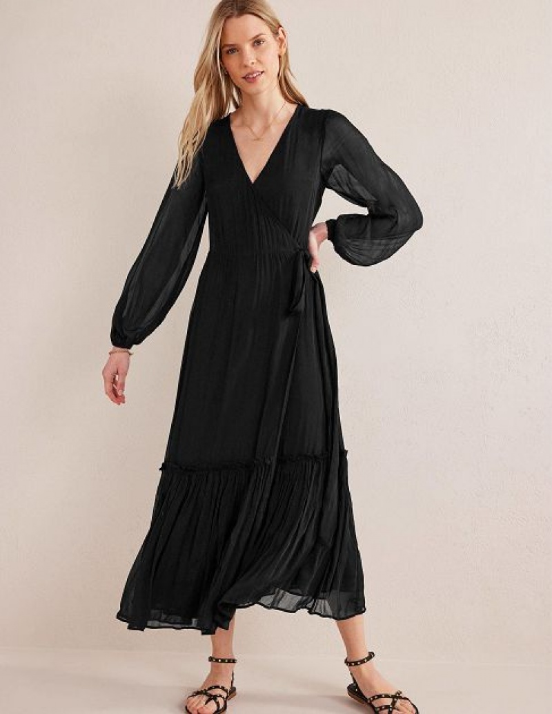 Black Women's Boden Long Sleeve Wrap Maxi Dress | 14506QNAC