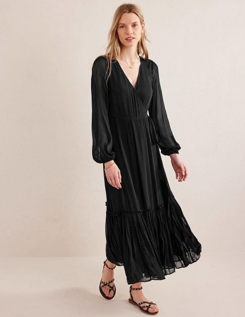 Black Women\'s Boden Long Sleeve Wrap Maxi Dress | 14506QNAC