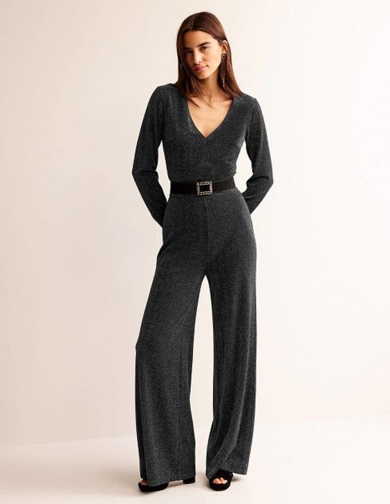 Black Women\'s Boden Metallic Plunge Jumpsuit | 69375MLWR