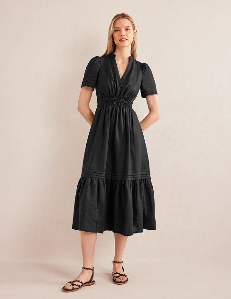 Black Women's Boden Pintuck Detail Midi Dress | 45301GYKM