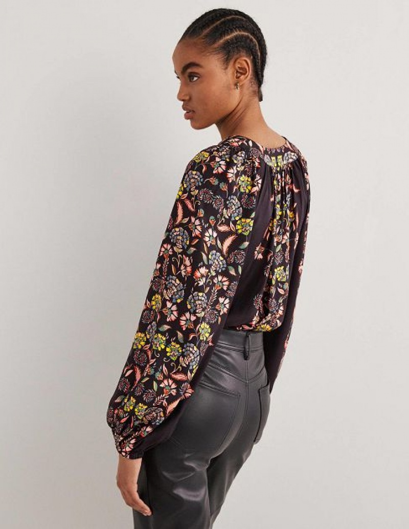 Black Women's Boden Placement Border Print Tops | 47960TKWR