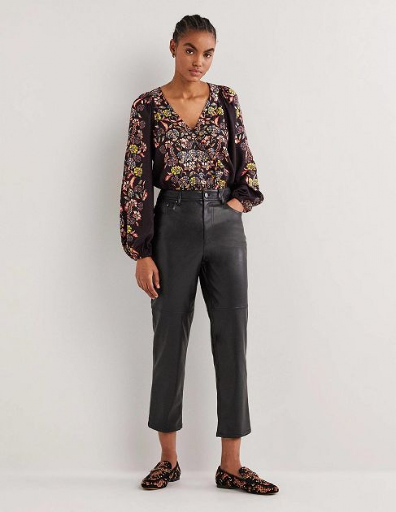 Black Women's Boden Placement Border Print Tops | 47960TKWR