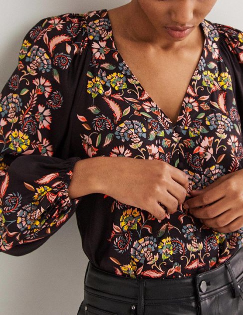 Black Women's Boden Placement Border Print Tops | 47960TKWR