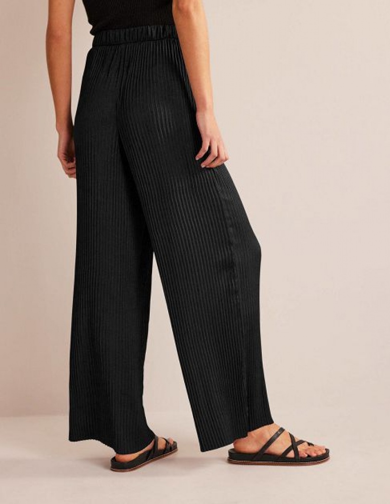 Black Women's Boden Plisse Satin Wide Leg Pants | 90374GOFH