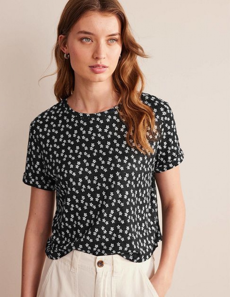 Black Women's Boden Printed Linen T-Shirt | 18029OLVY