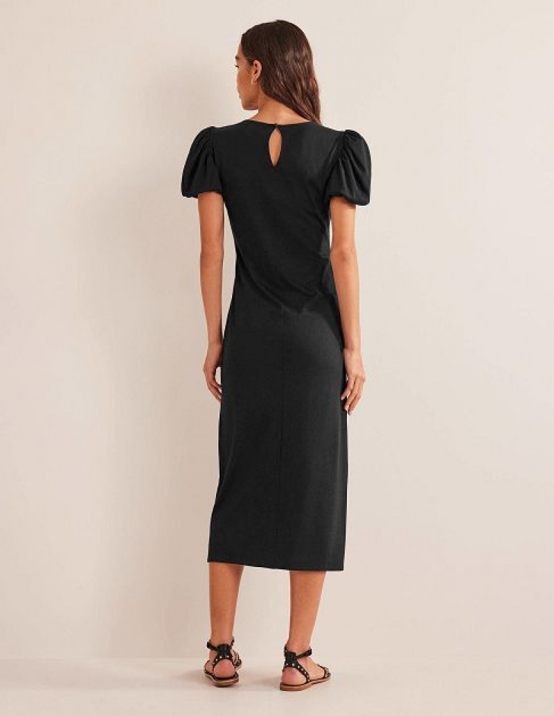 Black Women's Boden Puff Sleeve Jersey Midi Dress | 76120VDUX