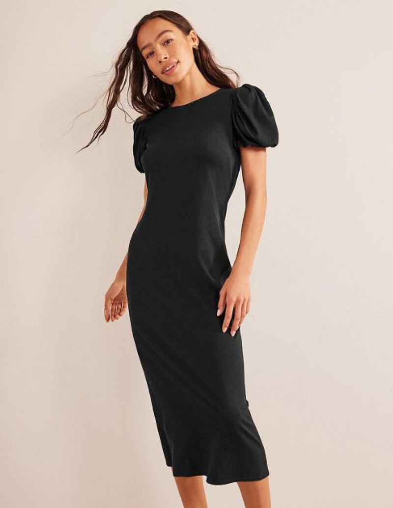 Black Women's Boden Puff Sleeve Jersey Midi Dress | 76120VDUX