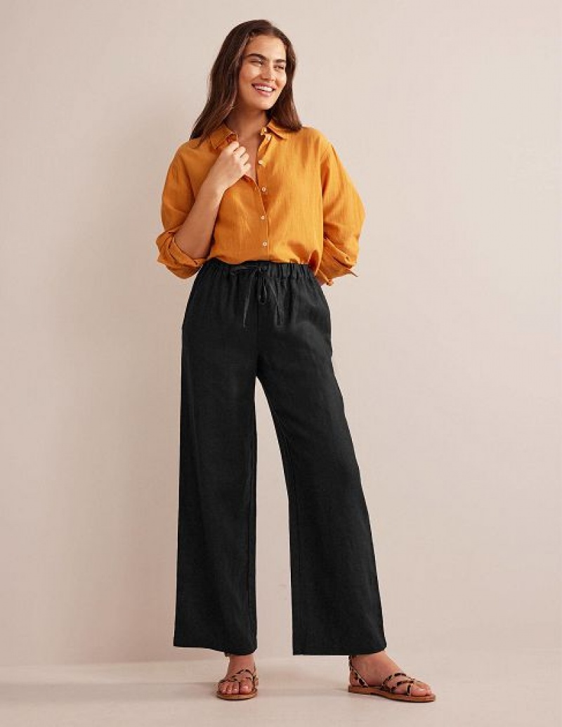 Black Women\'s Boden Relaxed Pull-on Linen Pants | 96518VZYC