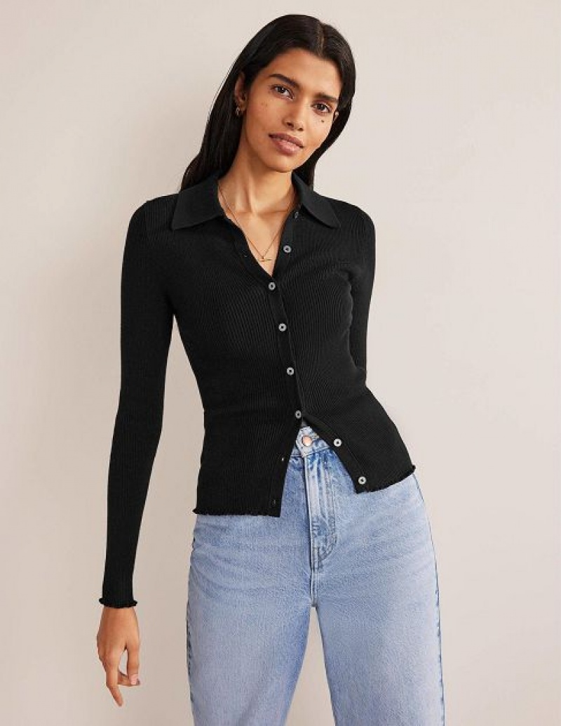 Black Women's Boden Ribbed Fitted Shirts | 42859DPVT