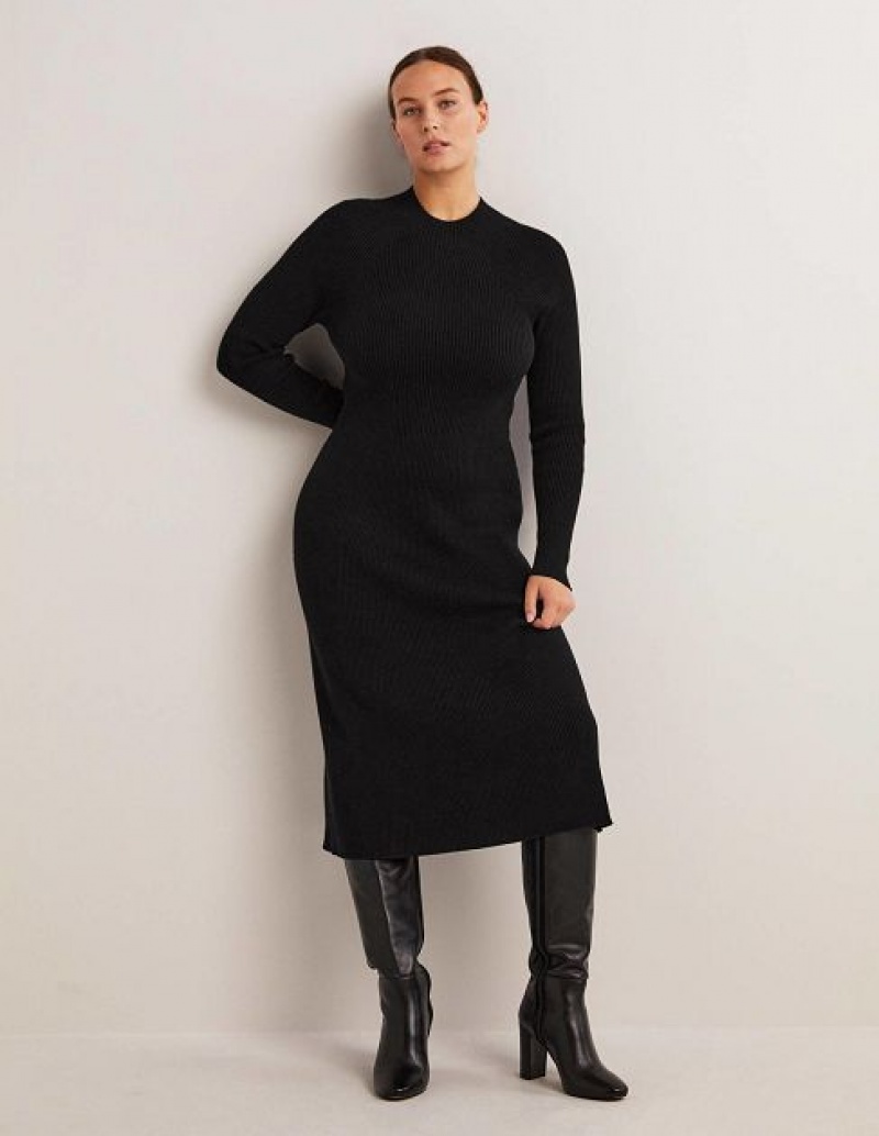 Black Women\'s Boden Ribbed High Neck Dress | 94618KMQB