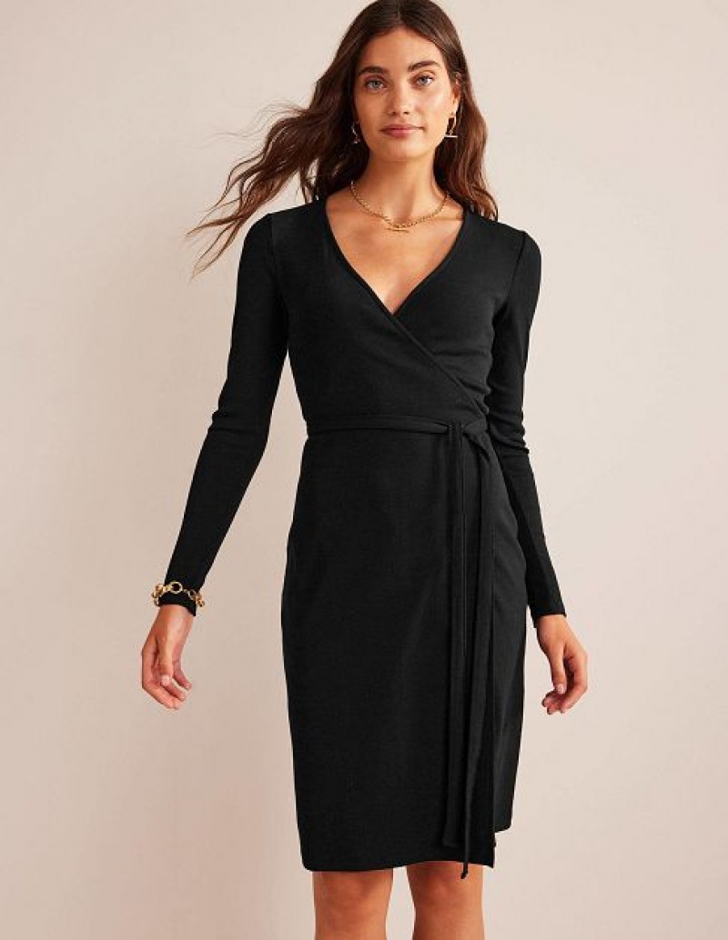 Black Women's Boden Ribbed-jersey Wrap Dress | 73694UGME