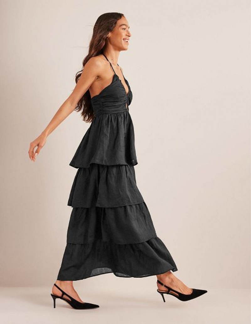 Black Women's Boden Ruched Tiered Maxi Dress | 29065OJGZ