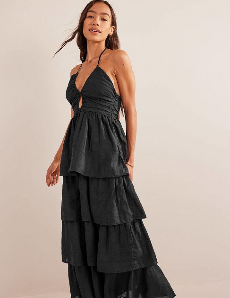 Black Women's Boden Ruched Tiered Maxi Dress | 29065OJGZ