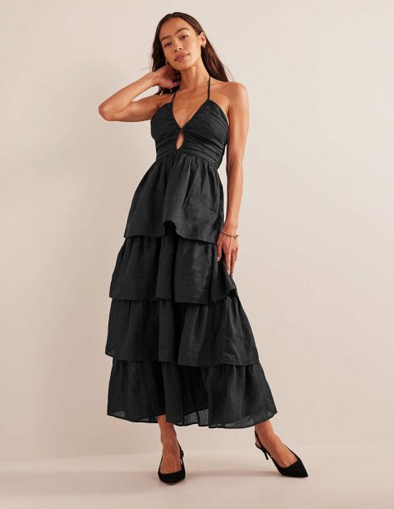 Black Women\'s Boden Ruched Tiered Maxi Dress | 29065OJGZ