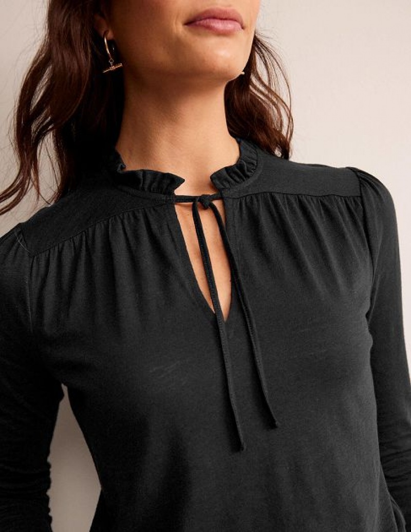 Black Women's Boden Ruffle V Neck Lace Detail Tops | 28146LIBQ