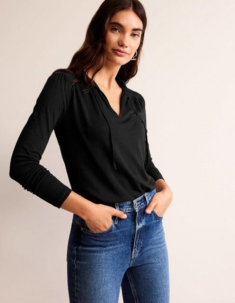 Black Women's Boden Ruffle V Neck Lace Detail Tops | 28146LIBQ