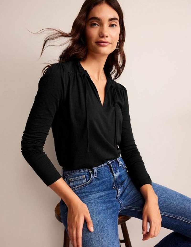 Black Women\'s Boden Ruffle V Neck Lace Detail Tops | 28146LIBQ