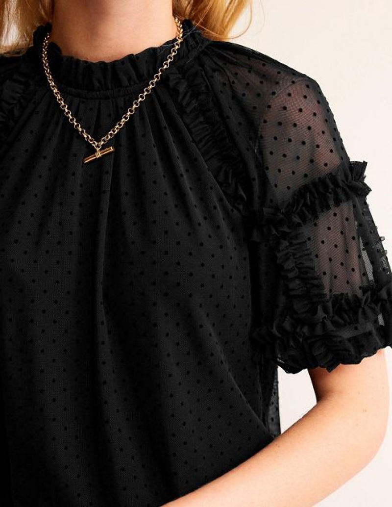 Black Women's Boden Short Sleeve Ruffle Tulle Tops | 30597FUCK