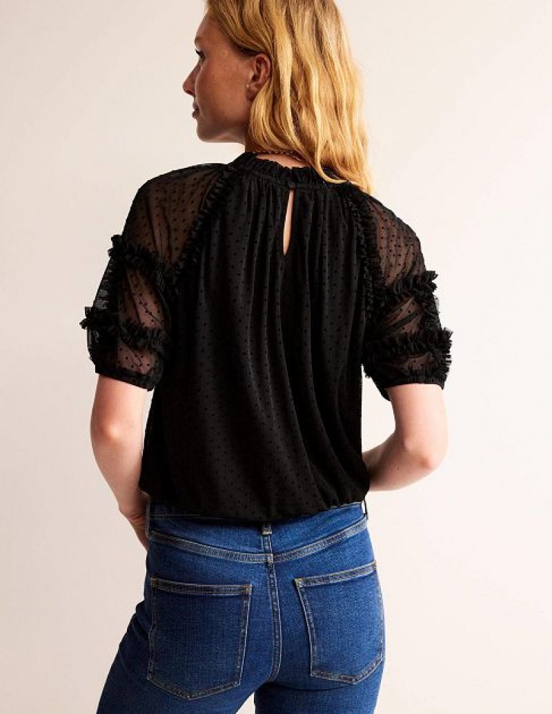 Black Women's Boden Short Sleeve Ruffle Tulle Tops | 30597FUCK