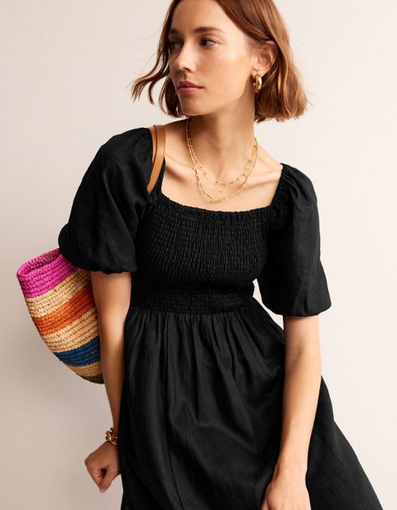 Black Women\'s Boden Sky Smocked Linen Midi Dress | 43710DISF