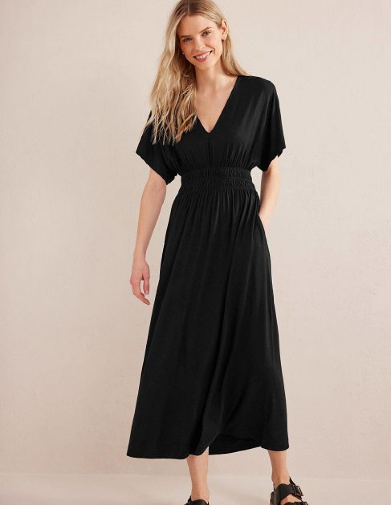 Black Women\'s Boden Smock Waist Jersey Maxi Dress | 62590OSKB