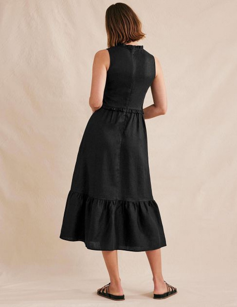 Black Women's Boden Smocked Linen Midi Dress | 61504ORYJ