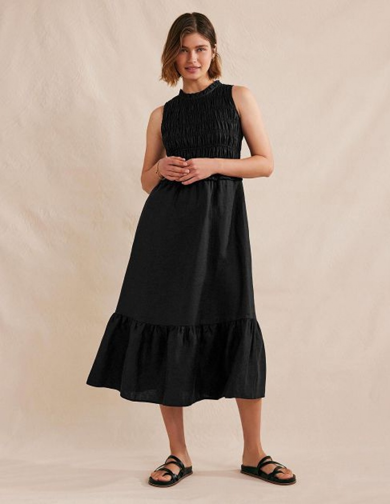 Black Women\'s Boden Smocked Linen Midi Dress | 61504ORYJ