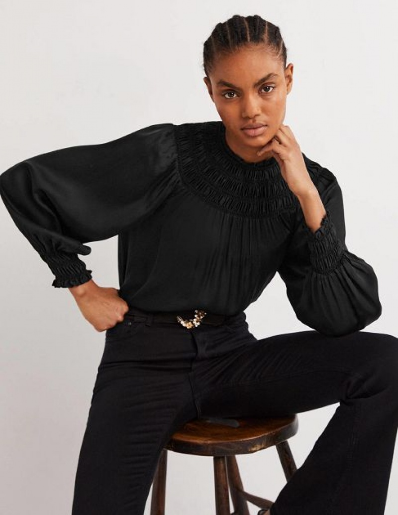 Black Women's Boden Smocked Yoke Detail Tops | 91034VLDC