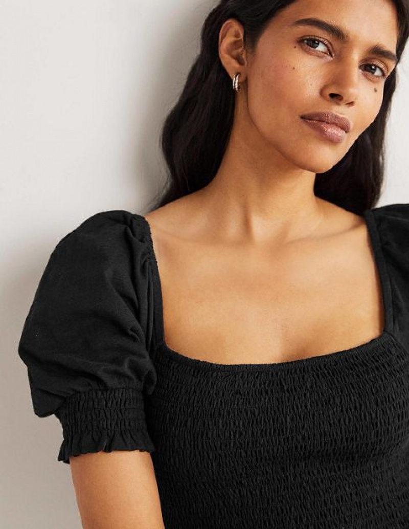 Black Women's Boden Square Neck Smocked Jersey Tops | 54318RVQT