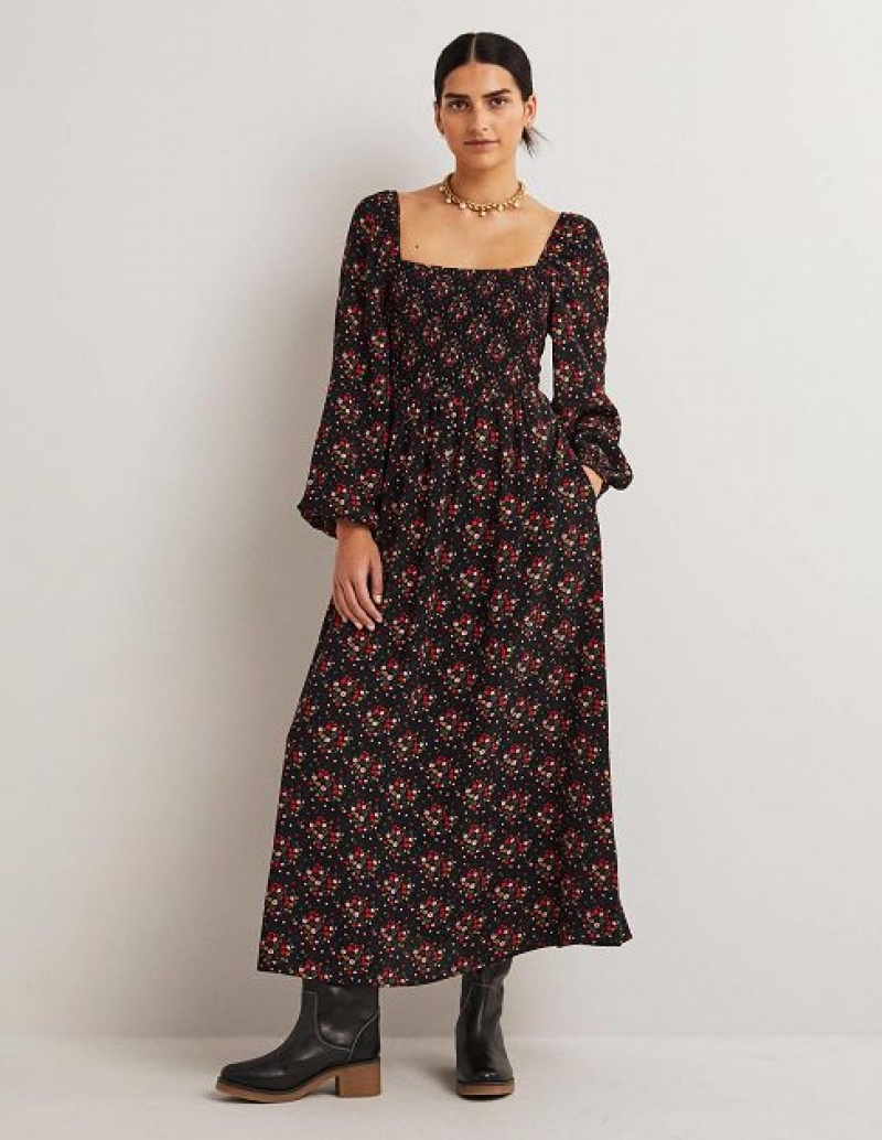 Black Women's Boden Square Neck Smocked Maxi Dress | 73802JCBL