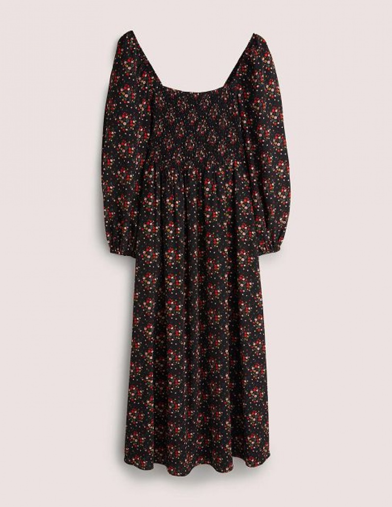 Black Women's Boden Square Neck Smocked Maxi Dress | 73802JCBL